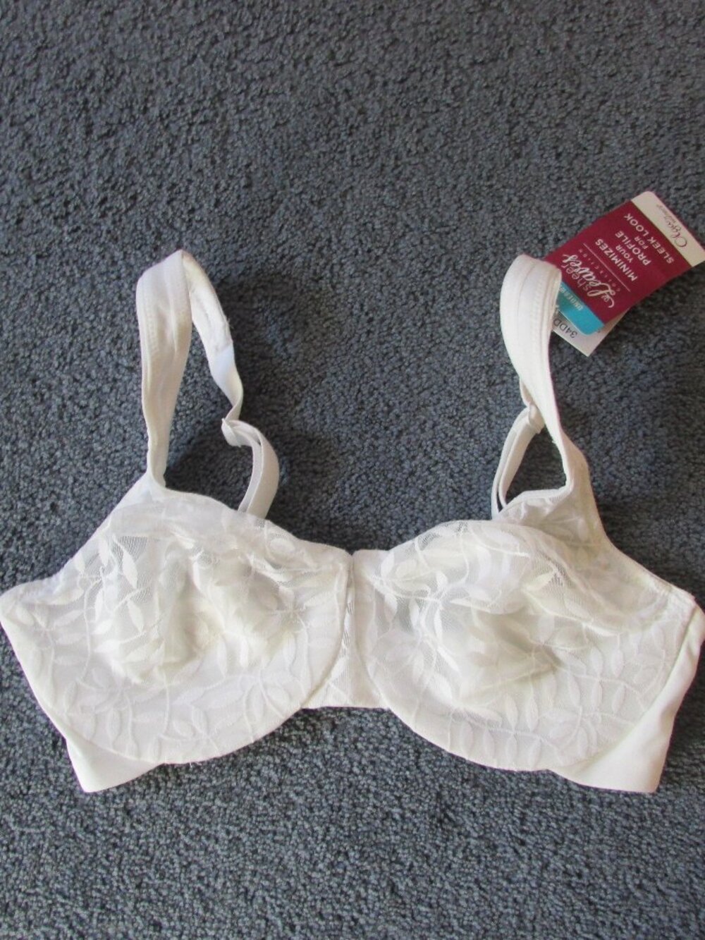 NWT Olga 34DD Underwire Lined Sheer Leaves White Lace Minimizer Bra #35519